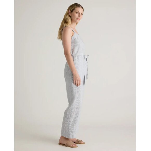 Quince Blue Pinstripe Linen Square Neck Jumpsuit Size Medium 26666 - Picture 3 of 16
